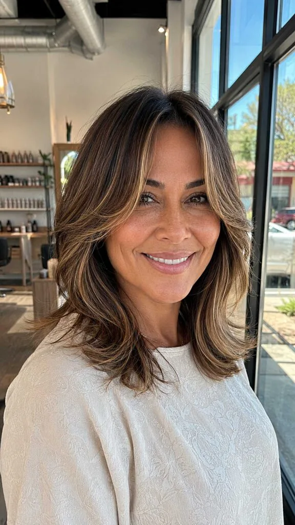 Sun-Kissed Brunette Lob with Parted Curtain Fringe
