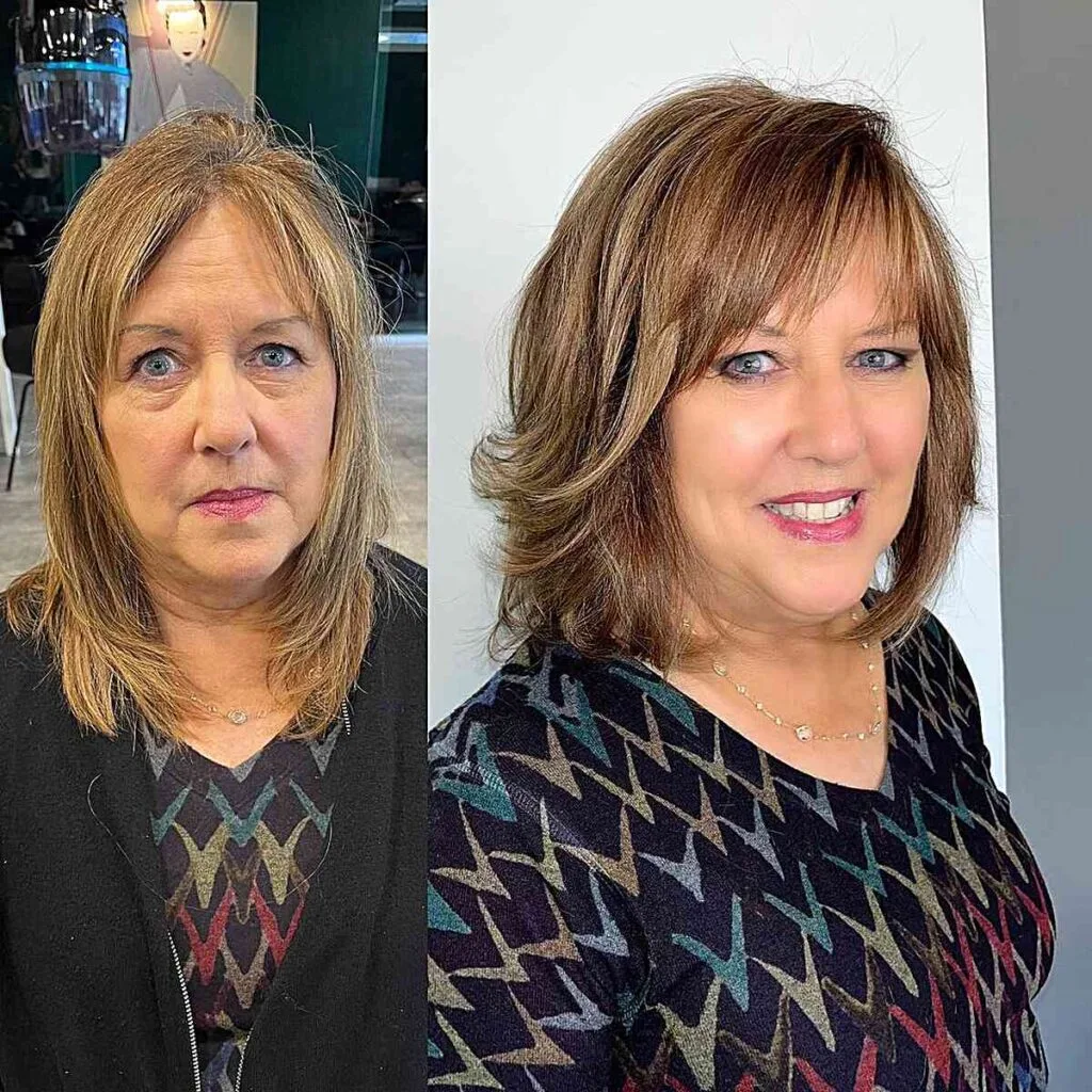 Sweeping Fringe on a Shaggy Bob Cut for Fine-Haired Women Aged 50