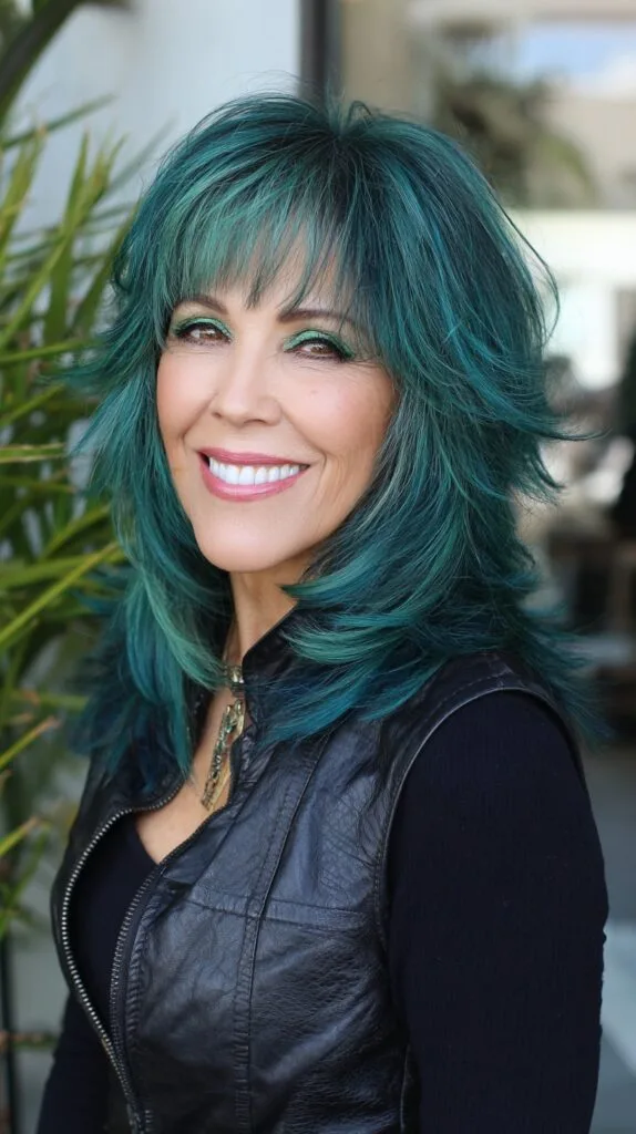 Teal Feathered Mid-Length Shag with Wispy Curtain Bangs