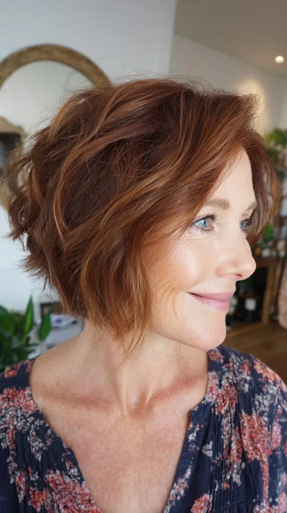 Textured Auburn Angled Stacked Bob with Face-Framing Slices