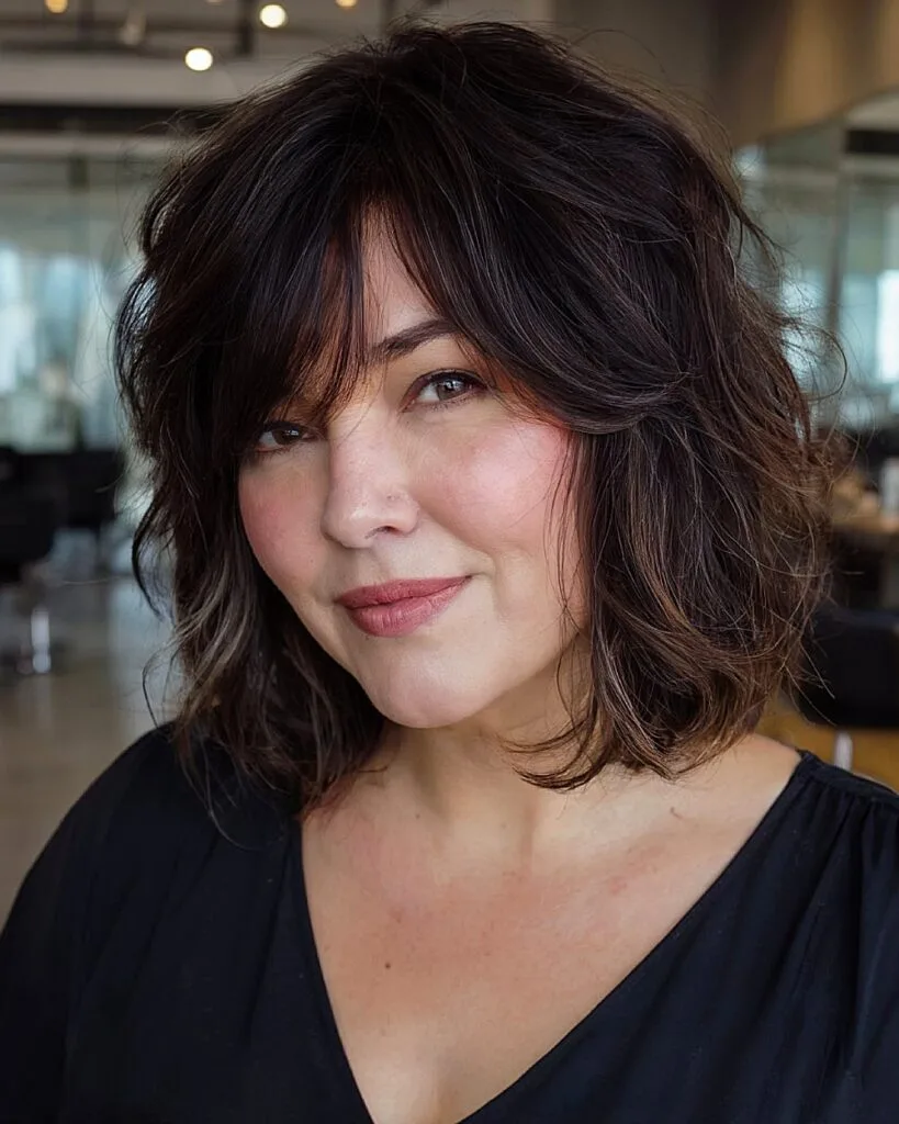 Textured brunette cut with tousled layers and long side bangs for round faces over 40
