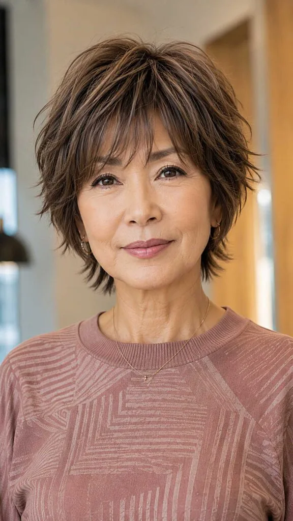 Textured brunette pixie shag with choppy bangs over 60