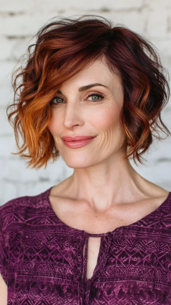 Textured Burgundy Bob with Warm Highlights
