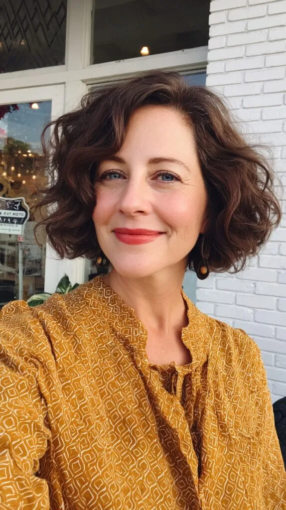 Textured Chin-Length Curly Bob with Side-Swept Swoop