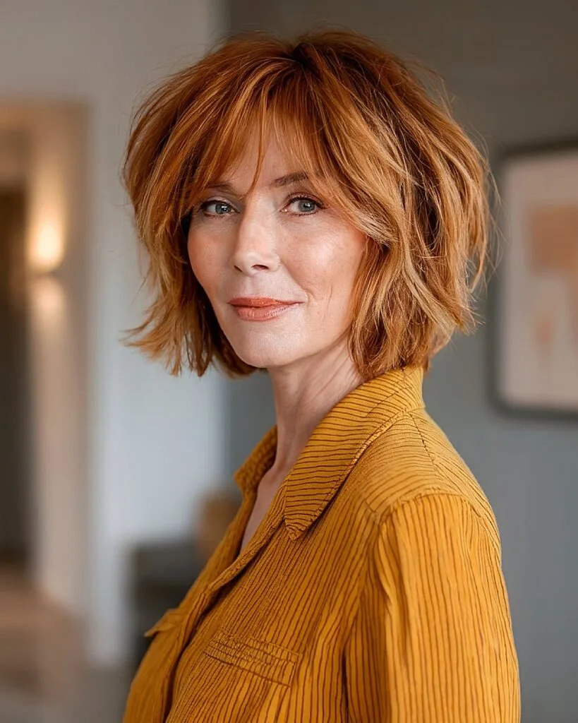 Textured choppy bob with soft bounce on mature woman with rich red hair and layered finish
