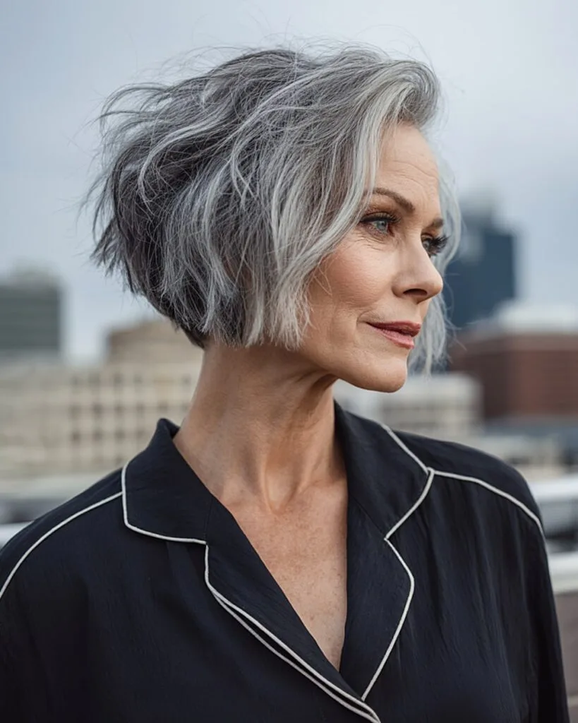 Textured choppy inverted bob for mature women with edgy silver streaks and lift