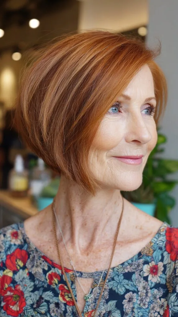 Textured Copper Angled Stacked Bob with Lifted Crown