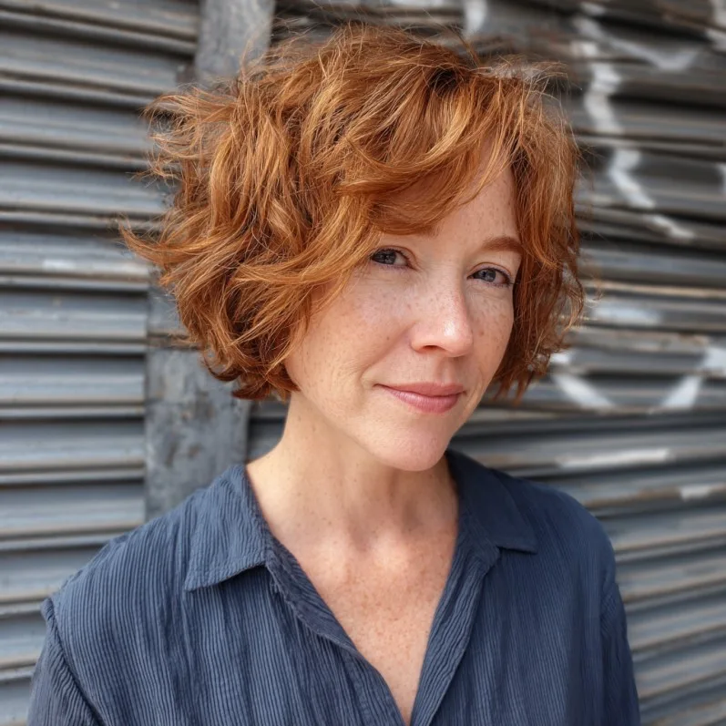 Textured Copper Choppy Bob with Soft Curls