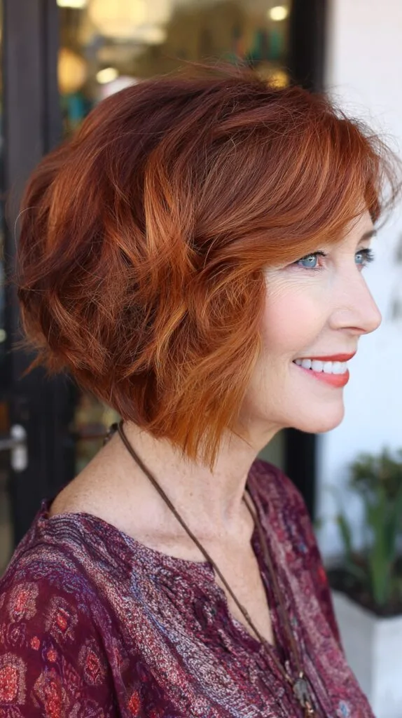 Textured Copper Layered Inverted Bob with Face‑Framing Pieces