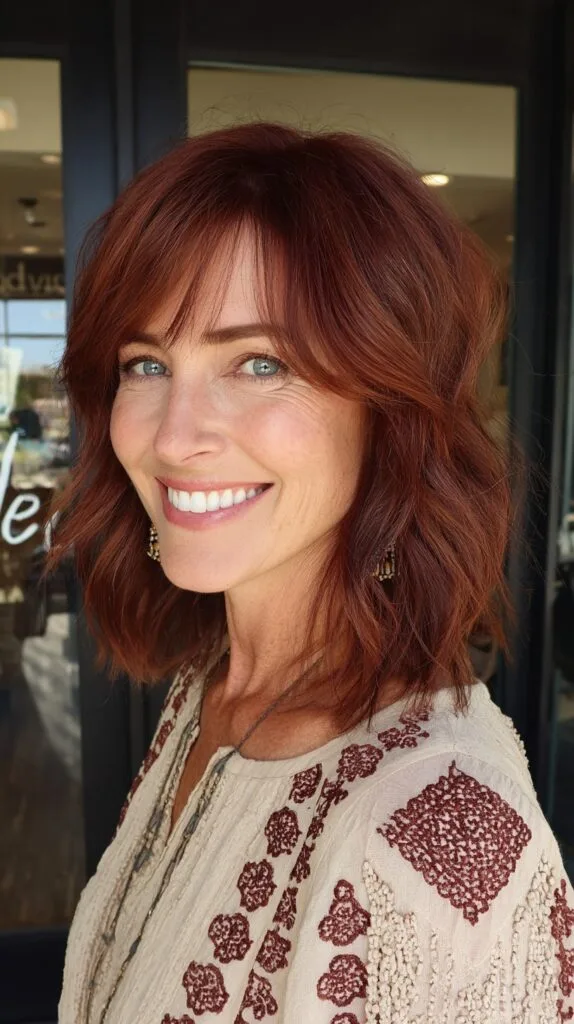 Textured Copper Lob with Wispy Micro-Bangs