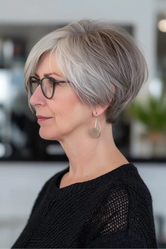 textured crop for seniors with fine hair over 60 wearing glasses