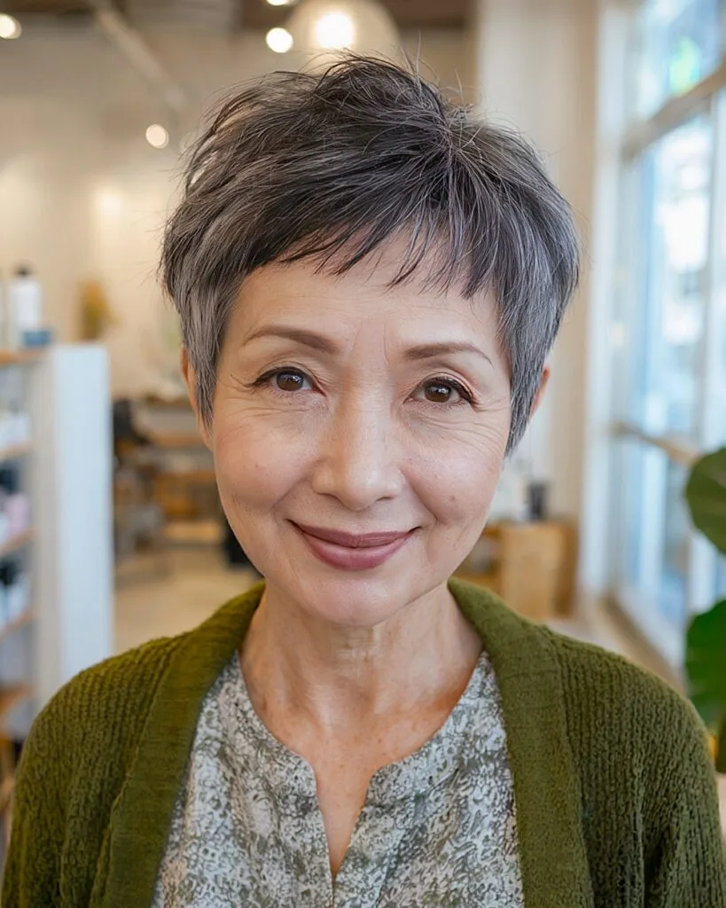 Textured crop pixie cut for older Asian woman with salt-and-pepper hair and wispy layers
