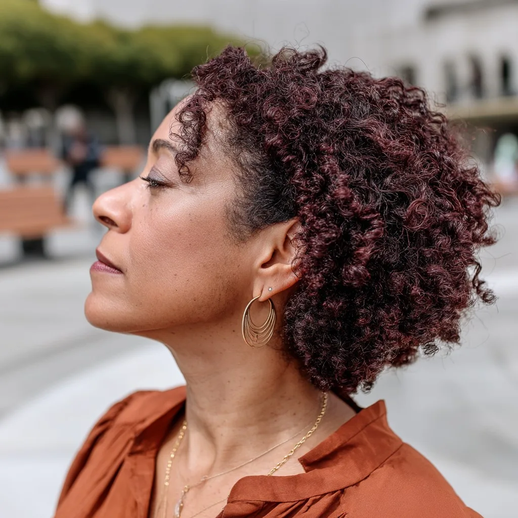 Textured Curly Bob with Subtle Burgundy Undertones