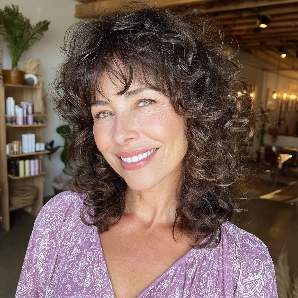 Textured Curly Shag with Face-Framing Bangs