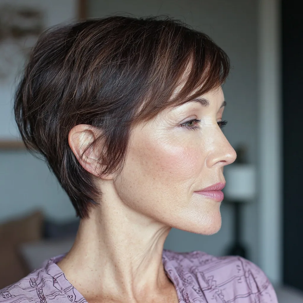Textured Dark Brown Pixie Cut with Subtle Highlights