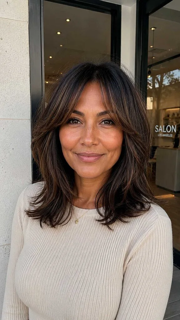 Textured Dark Brunette Collarbone Cut with Brow-Grazing Curtain Layers
