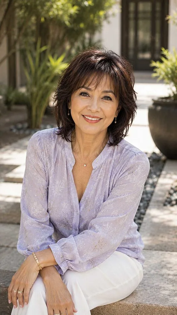 Textured dark brunette shag with short bangs over 60