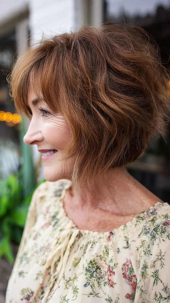 Textured Inverted Chin-Length Bob with Warm Copper Lowlights