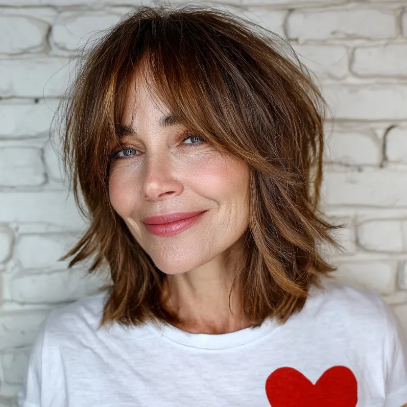 Textured Lob with Face-Framing Curtain Bangs