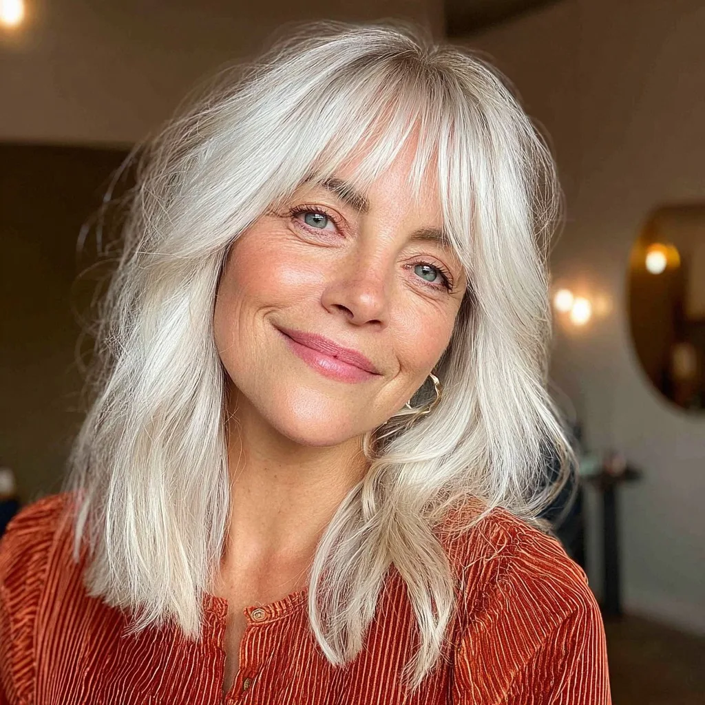 Textured Long Platinum Blonde with Soft Bangs