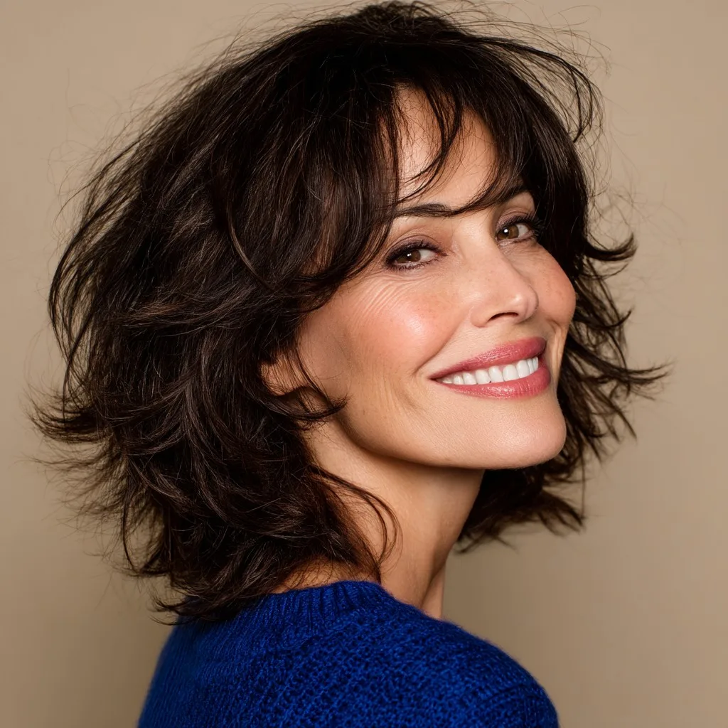 Textured Mid-Length Layers with Soft Bangs