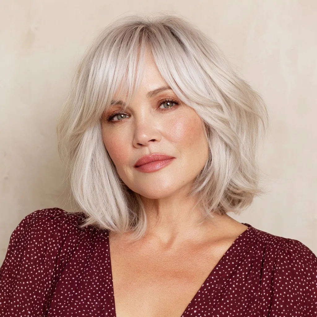 Textured Platinum Blonde Shoulder-Length Cut with Soft Bangs