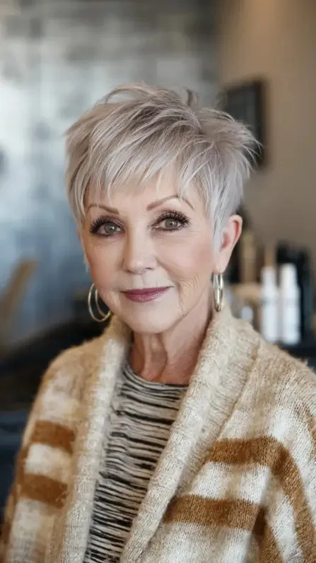 Textured Short Silver Pixie with Feathered Layers