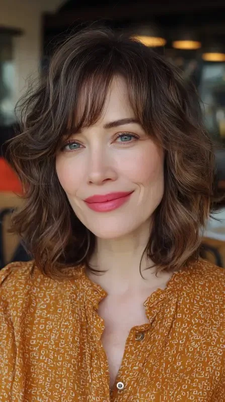 Textured Shoulder-Length Waves with Soft Side Bangs