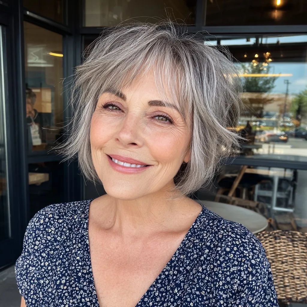 Textured Silver Bob with Soft Face-Framing Layers