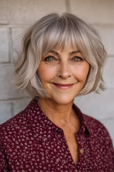 Textured Silver Choppy Bob with Playful Bangs
