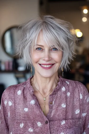 Textured Silver Choppy Bob with Playful Layers