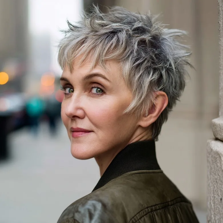 Textured Silver Pixie Cut with Feathered Layers