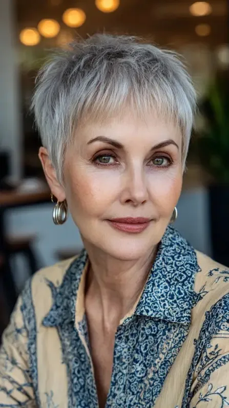 Textured Silver Pixie Cut with Playful Volume