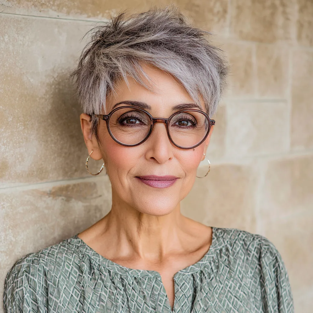 Textured Silver Pixie Cut with Side-Swept Bangs