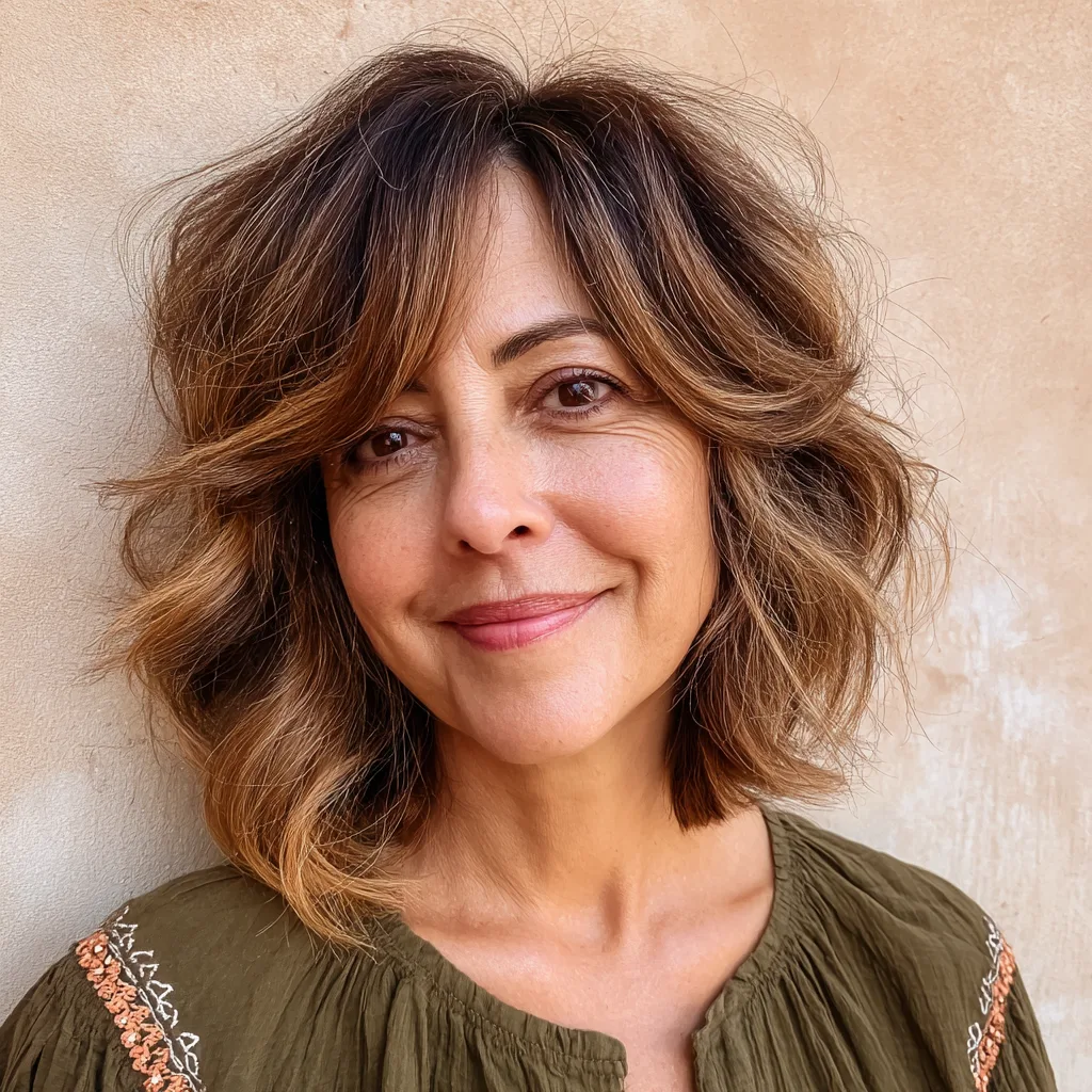 Textured Wavy Cut with Soft Side-Swept Bangs