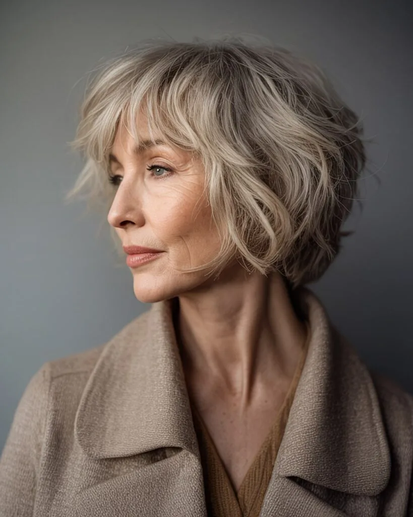 Texturique choppy bob on older woman with layered silver hair and soft tousled waves