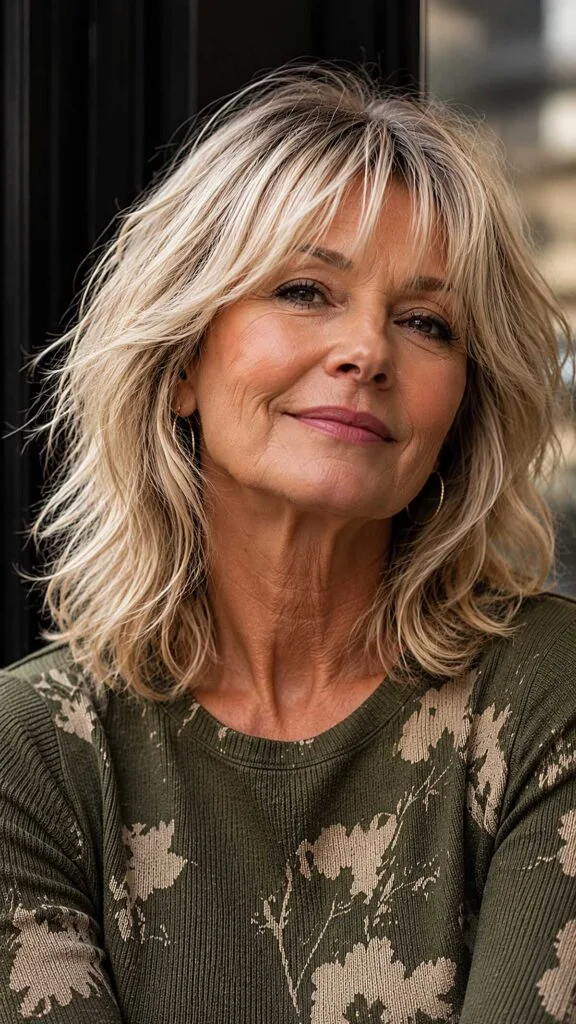 Tousled blonde shag with wispy bangs for women over 60