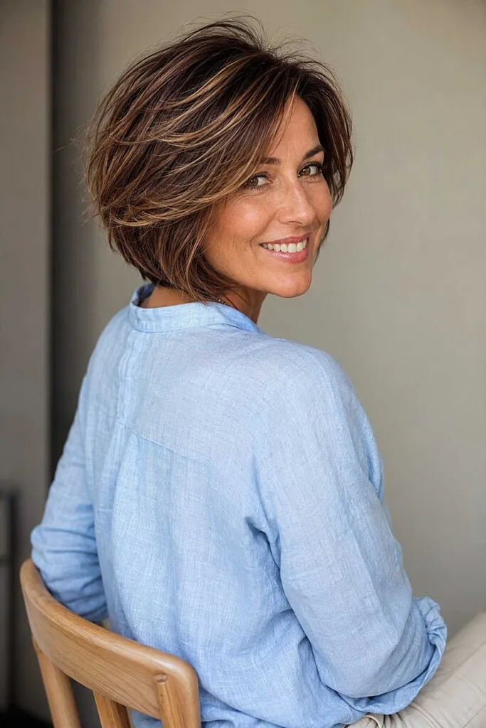 Tousled Brunette Bob with Sun-Kissed Pieces