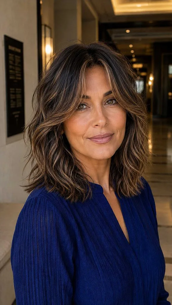 Tousled Dark Brunette Lob with Warm Foiled Ribbons and Piecey Curtain Fringe