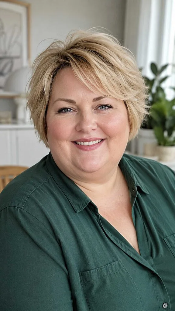 Tousled short blonde pixie with textured volume on round face