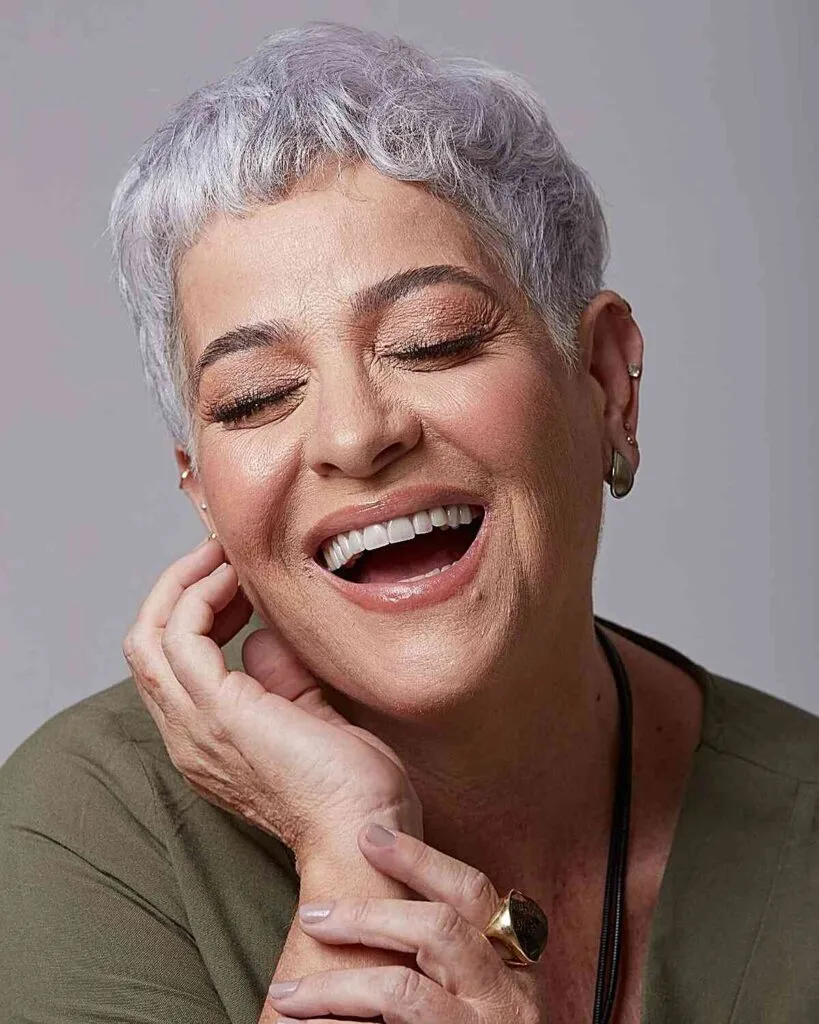 Very Short Tapered Pixie on 50-Year-Old Ladies with Thin Grey Hair
