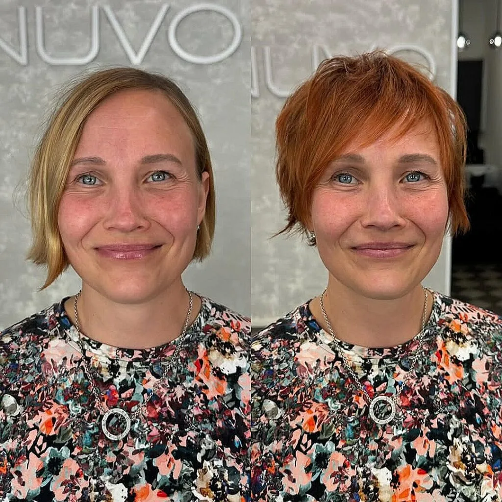 Vibrant Red Long Pixie Haircut with Side Bangs