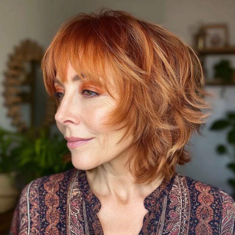 Vibrant Red Textured Bob with Wispy Bangs
