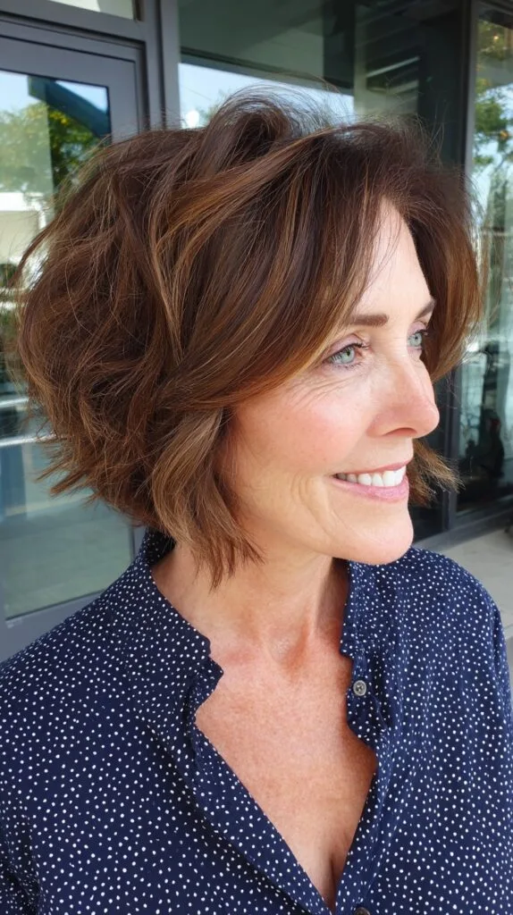 Voluminous Angled Layered Bob with Warm Painted Lowlights