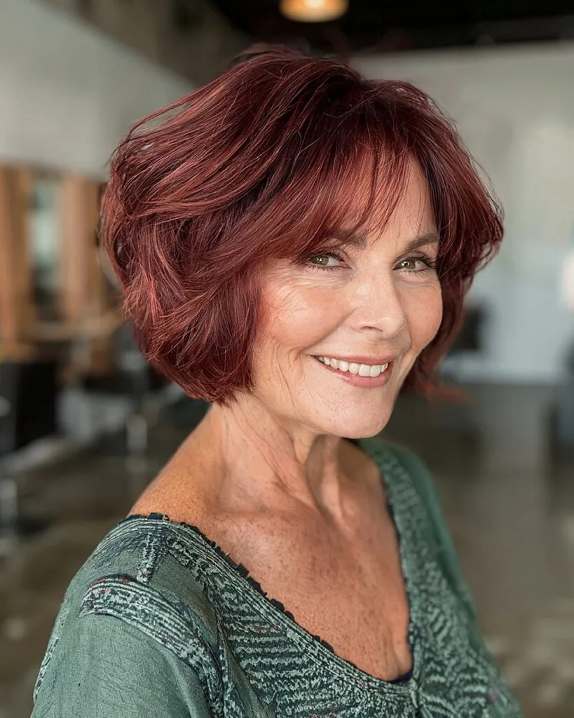 Voluminous stacked inverted bob for women over 60 with rounded crown layers