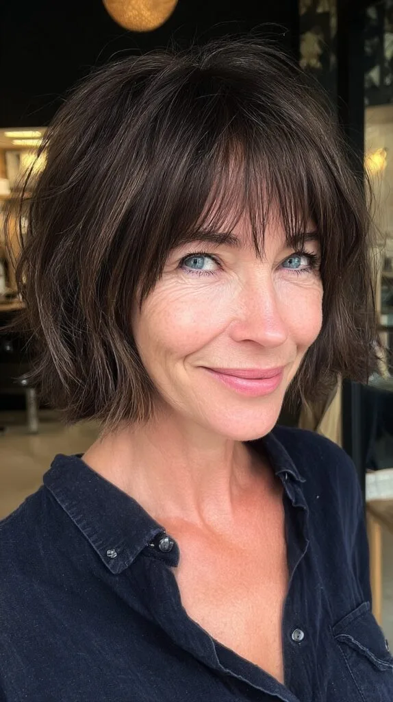 Voluminous Textured Chin-Length Bob with Sheer Curtain Fringe
