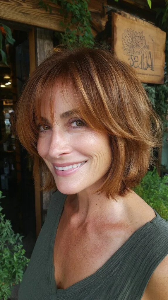 Warm Auburn Choppy Chin-Length Bob with Textured Curtain Fringe
