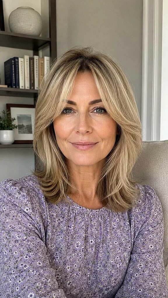 Warm Blonde Layered Lob with Swept Curtain Fringe