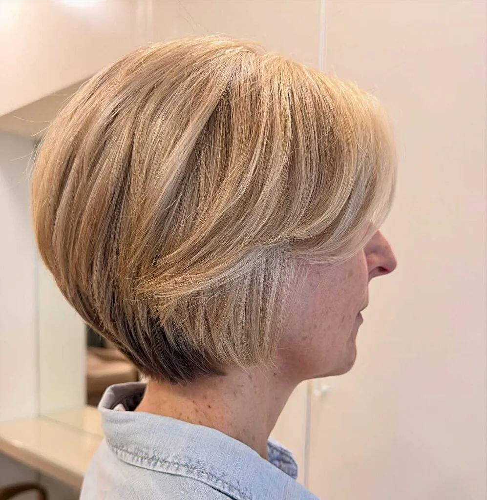 Warm blonde stacked bixie with layered back and volume