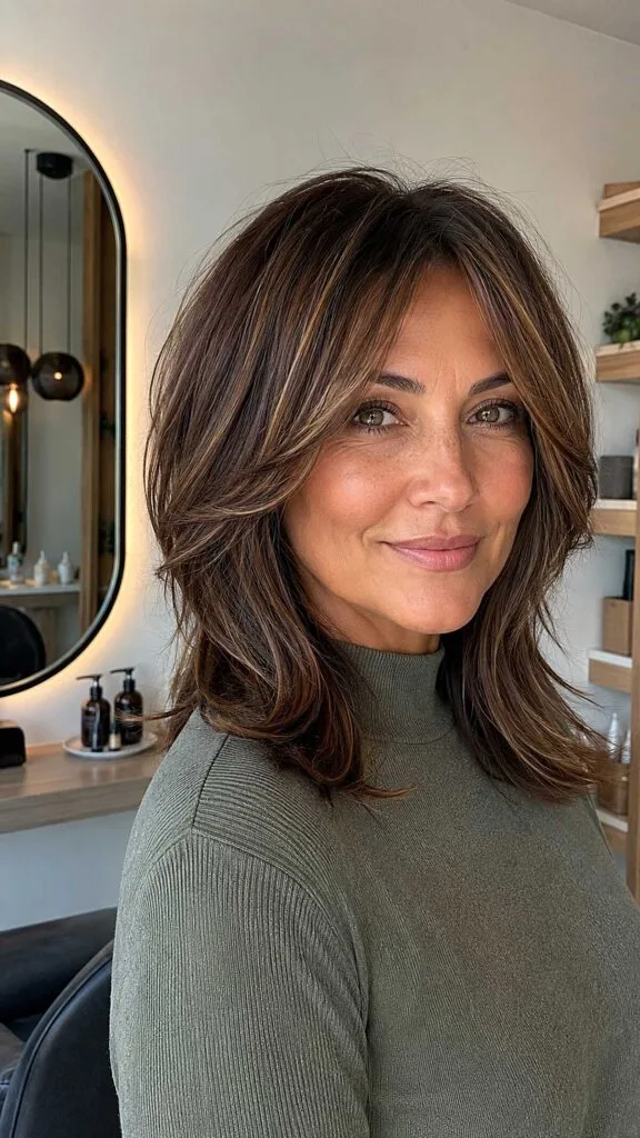 Warm Brunette Shoulder Cut with Caramel Threading and Layered Curtain Fringe